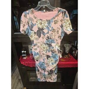 Pink Blush Floral Print Ruched Bodycon Short‎ Sleeve Maternity Dress 136